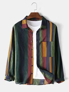 Close-up of men's breathable cotton linen shirt with vibrant vertical color-block stripes