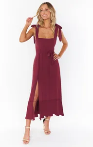 Elegant wine red French style midi dress featuring tie straps and a front slit detail