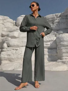 Detail view of women's greyish-green linen-textured two-piece casual leisure outfit