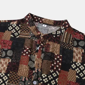 Close-up of men's summer Hawaiian printed shirt collar showing intricate patchwork pattern