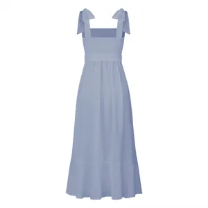 Back view of elegant light blue French style maxi dress with tie-shoulder straps