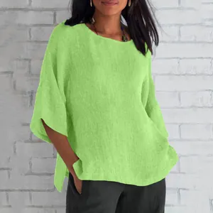Camicetta in cotone lino verde lime con maniche a 3/4, scollo rotondo e vestibilità ampia