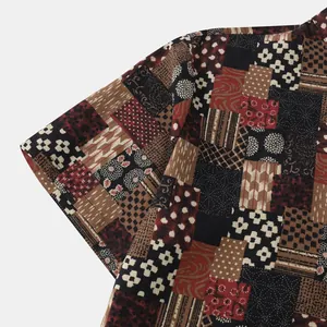 Close-up of a short sleeve on a men's casual shirt with traditional Japanese patchwork prints