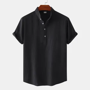 Men's black cotton linen short sleeve shirt with stand-up collar for summer casual wear.