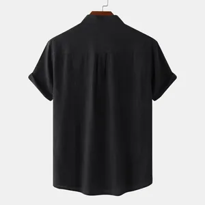 Back view of a black men's cotton linen short-sleeved casual shirt with stand collar