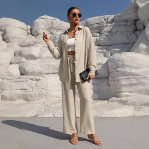 Women Casual Polyester Top And Bottom Set Long Sleeve Button Up Cardigan And Wide Leg Pants Solid Color Lounge Wear Suit