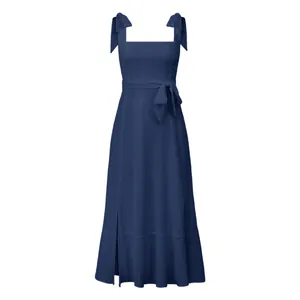 Elegant navy blue square neck midi dress with bow shoulder straps and high side slit