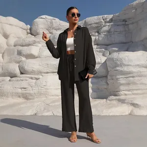 Women's chic solid color two-piece casual set with long sleeve shirt and wide leg pants