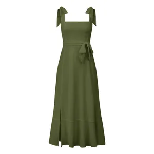 Front view of an elegant olive green slit dress with shoulder bows and waist tie