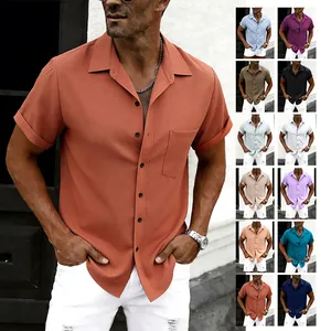 Men's Casual Short Sleeve Shirt Textured Solid Color Lapel Button Down Top With Chest Pocket Slim Fit Summer Beach Wear