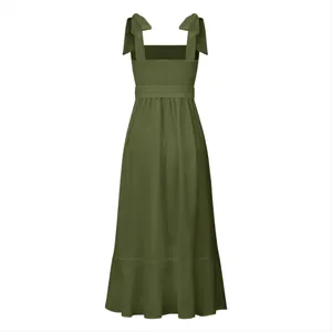 Elegant olive green midi dress with tie-shoulder straps and smocked back detail