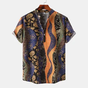 Vintage Hawaiian print men's short sleeve shirt with intricate wavy floral patterns