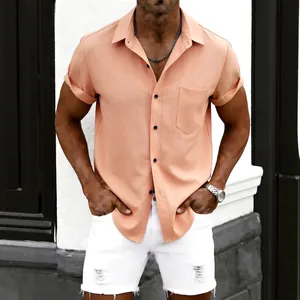 Men's casual peach short sleeve button down shirt with chest pocket for summer