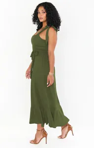 Elegant olive green tie-shoulder maxi dress with waist belt for summer fashion