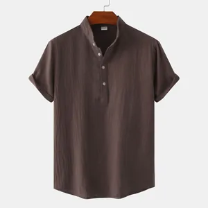 Detail view of men's brown linen-look casual short sleeve shirt with stand collar