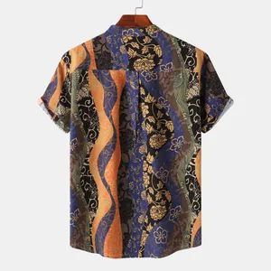 Back view of a men's short-sleeved Hawaiian shirt featuring a vibrant ethnic floral print.