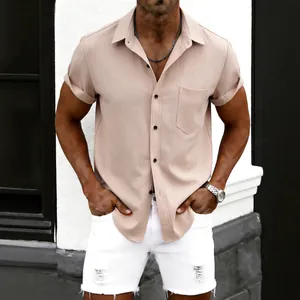 Men's casual beige short sleeve button-up shirt with chest pocket and lapel collar
