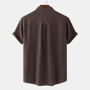 Detailed back view of men's dark brown cotton linen casual short-sleeved summer shirt