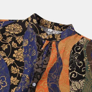 Detail of men's Hawaiian shirt featuring vibrant floral print and stand collar