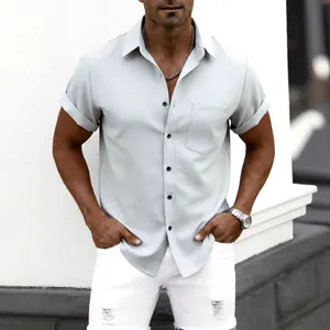Stylish men's light grey casual short sleeve button-down shirt with a front pocket