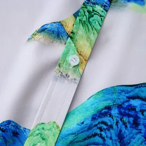 Gros plan d'une chemise hawaïenne pour homme avec motifs floraux, bouton et couture.