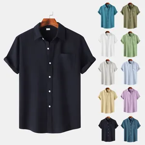 Men's Casual Waffle Knit Short Sleeve Shirt Button Down Lapel Collar Cotton Blend Shirt With Pocket Summer Top