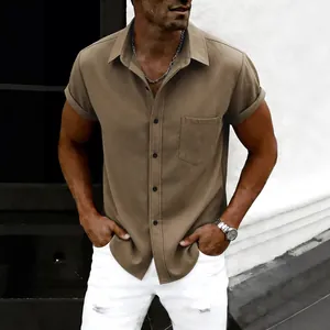 Professional men's casual brown short sleeve button-down shirt with a stylish lapel collar