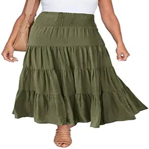 Böhmischer olivgrüner Stufenrock mit hoher Taille und elastischem Bund für Damen im Sommer