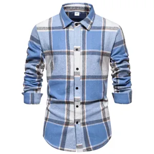 Camisa de franela a cuadros azul y blanco para hombre, manga larga, cuello con botones