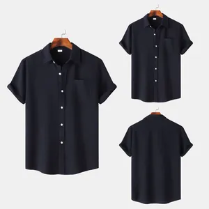 Detail views showing front and back of a men's navy short sleeve casual button-down shirt.