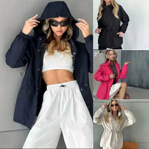 Women's Casual Solid Color Long Sleeve Hooded Trench Coat Waterproof Windproof Outdoor Windbreaker Jacket Top With Buttons