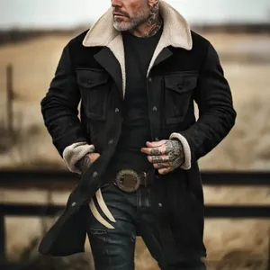 Detail of men's vintage black jacket with warm sherpa collar for winter style