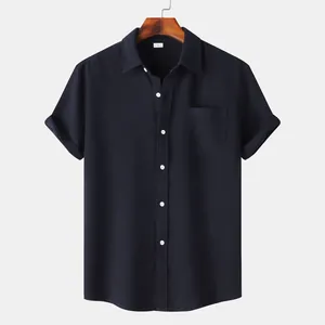 High-quality men's navy blue casual short-sleeved shirt with front pocket on hanger
