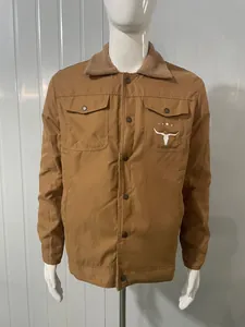 Brown men's workwear jacket with sherpa collar and white bull head logo detail