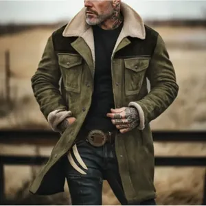 American vintage olive green jacket with warm shearling collar for men