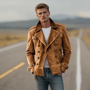 Chaqueta vintage de ante marrón para hombre con solapas clásicas y detalles de estilo militar