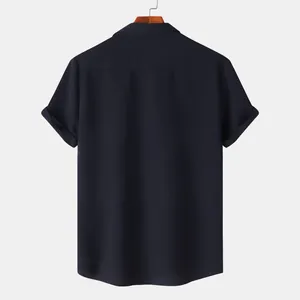 Back view of a men's navy blue short-sleeve casual shirt hanging on a wooden hanger