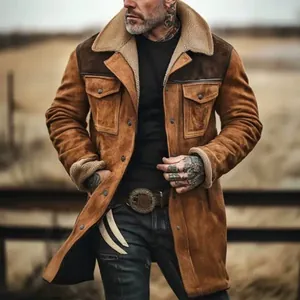 Classic vintage men's brown suede shearling jacket with warm fur collar and pockets