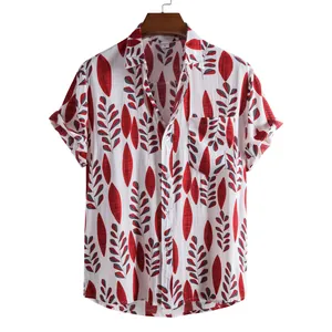 Detailed view of casual men's short-sleeved shirt featuring red and grey leaf patterns