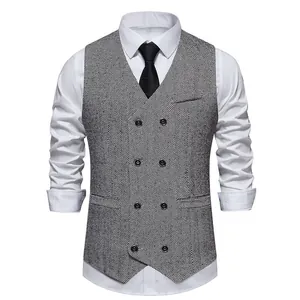 Detailed close-up of retro herringbone double-breasted suit vest for formal men's wear