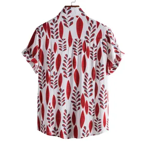 Back view of a white casual men's shirt with vibrant red and blue leaf print details