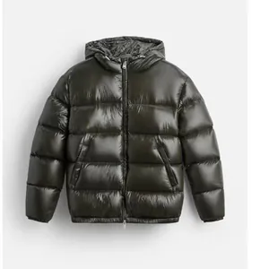 Close-up showing the shiny texture and hooded design of this men's dark olive puffer