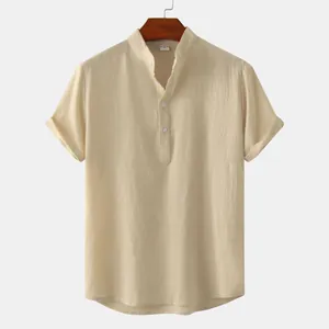 Men's breathable cotton linen short sleeve shirt with mandarin collar in beige color