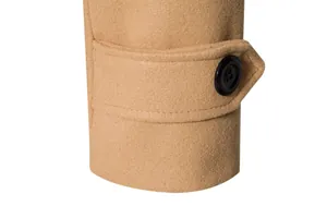 Close-up detail of a camel wool coat cuff with a stylish black button and neat stitching.
