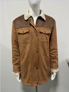 Retro men's brown suede jacket with warm white sherpa collar and front chest pockets