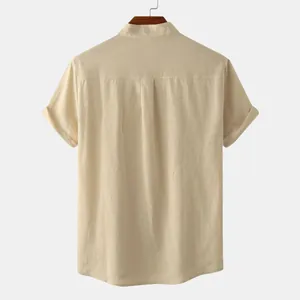 Detailed back view of men's casual cotton linen short sleeve shirt in a khaki beige color