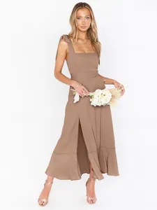Elegant mocha midi dress with square neck, bow shoulder straps, and high leg slit detail