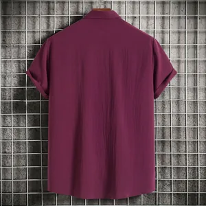 Back view of a burgundy men's casual short sleeve shirt with fine textured fabric