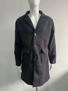 Front view of a men's classic charcoal gray wool blend long overcoat on a mannequin.
