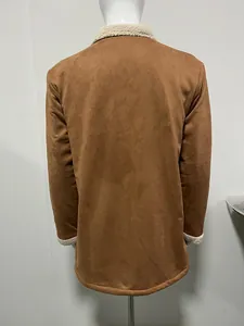 Rear view of a men's vintage brown suede jacket featuring a warm sherpa-lined collar